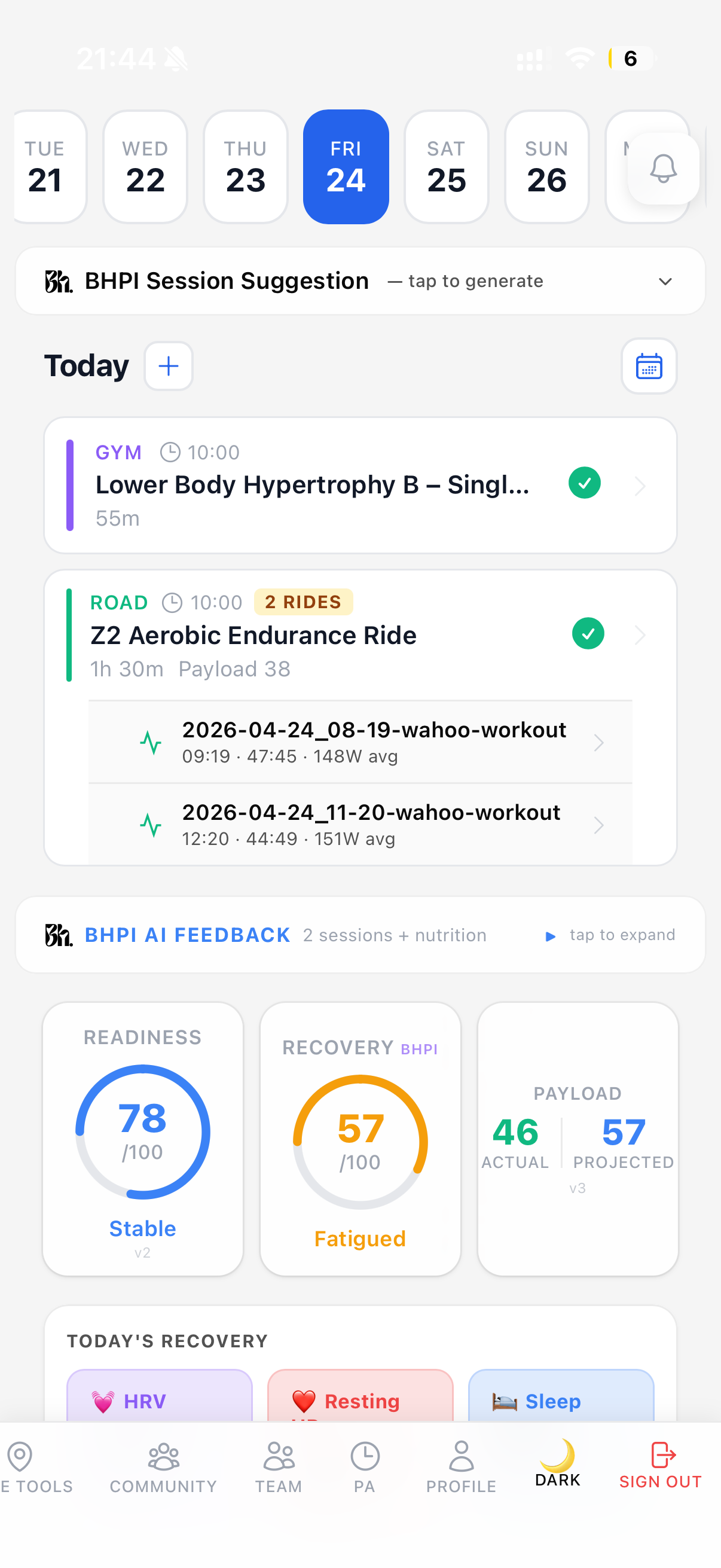 BHPI app — Today screen with GYM and ROAD sessions, BHPI AI Feedback, and donut tiles for Readiness, Recovery and Payload.
