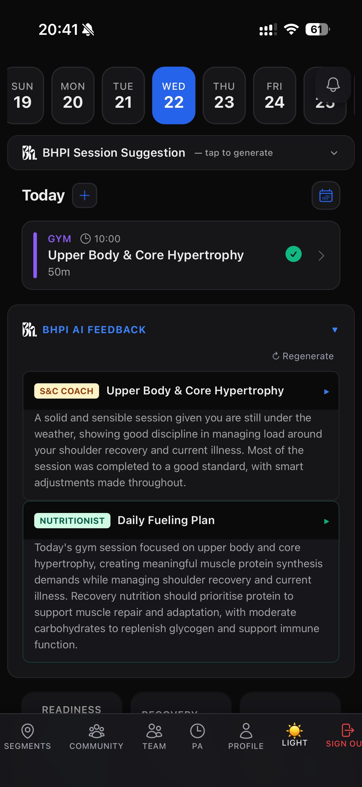 BHPI Coach — calendar view with BHPI AI Feedback panel showing S&C Coach and Nutritionist guidance for the day's session.